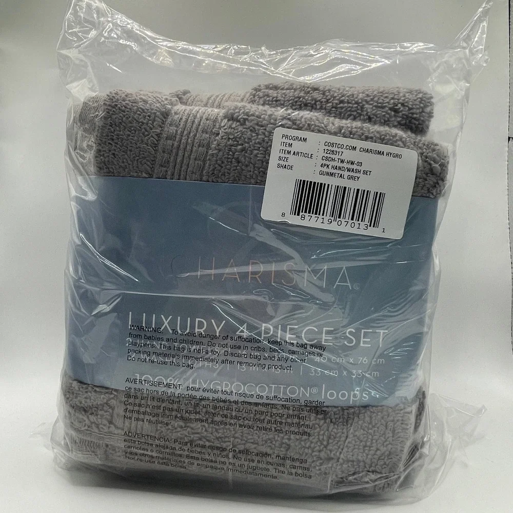 Charisma Towel Set Unisex 4PK Grey NEW Hygro Cotton Luxury CSDH-TW-HW-03